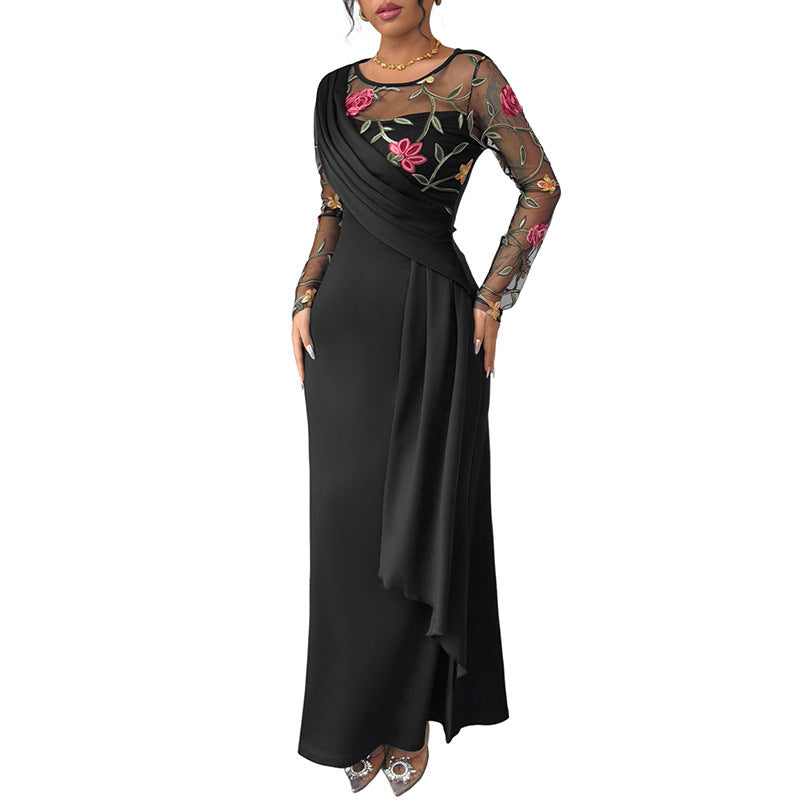 Robe à manches longues et col ras du cou pour femme, style rétro, broderie en maille