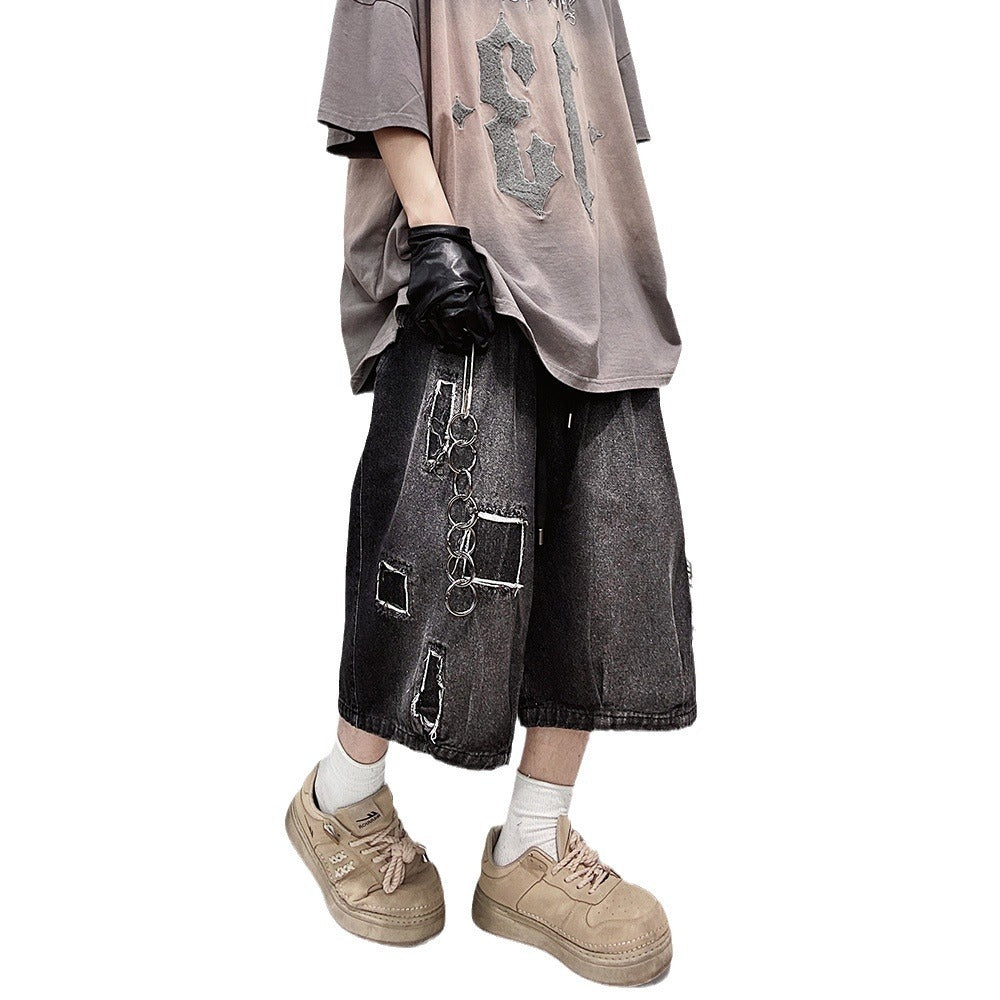 Pantaloncini corti vintage estivi in denim a gamba larga con toppe vintage