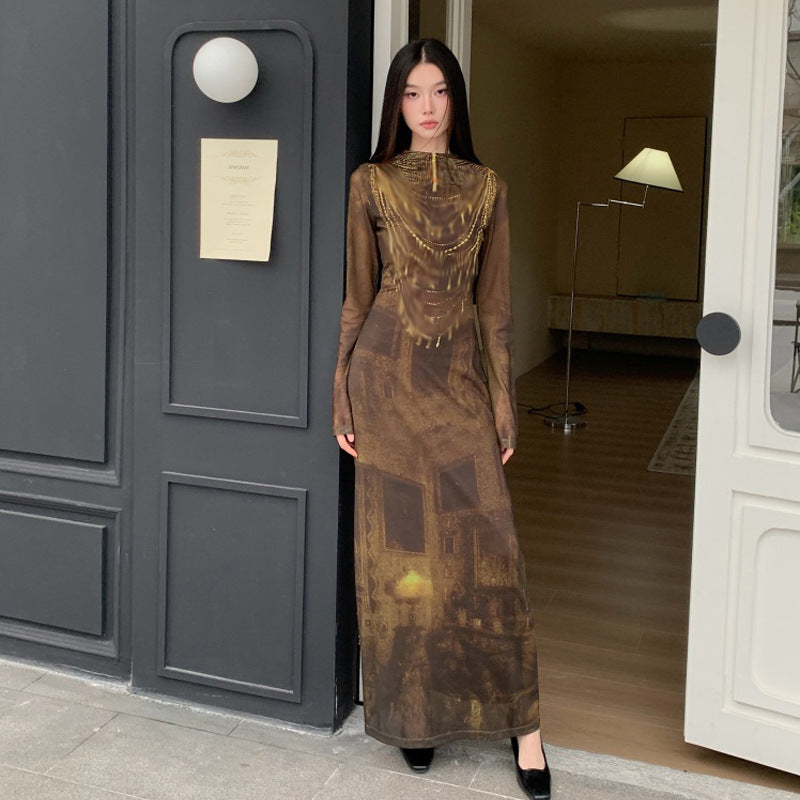 Retro Fitted Waist Slimming Long-Sleeve Dress For Women