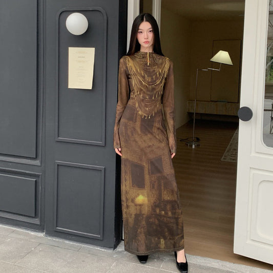 Retro Fitted Waist Slimming Long-Sleeve Dress For Women