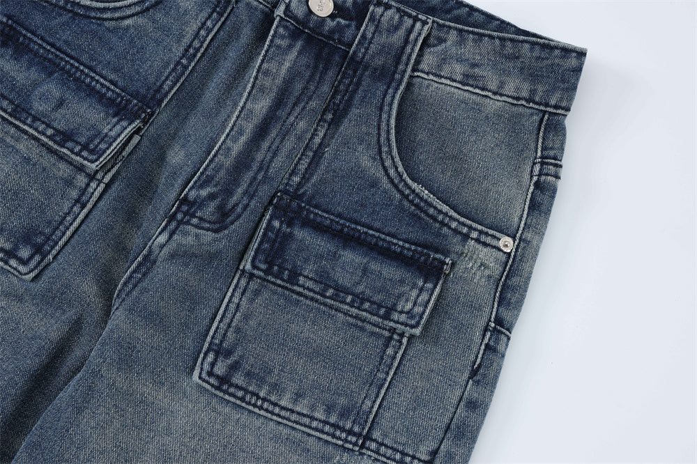 Men's High Street Loose Casual Washed And Worn Straight-leg Denim Pants