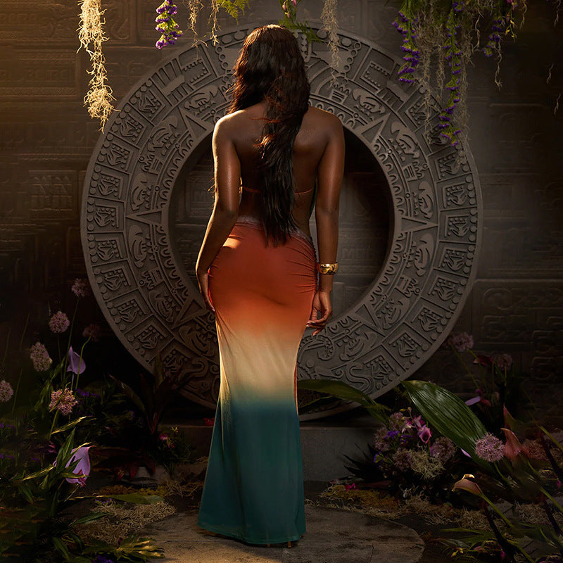 Ensemble deux pièces jupe licou à imprimé floral en maille assortie