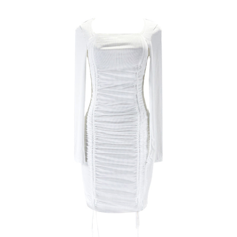 Square Neck Smocked Long Sleeve Dress