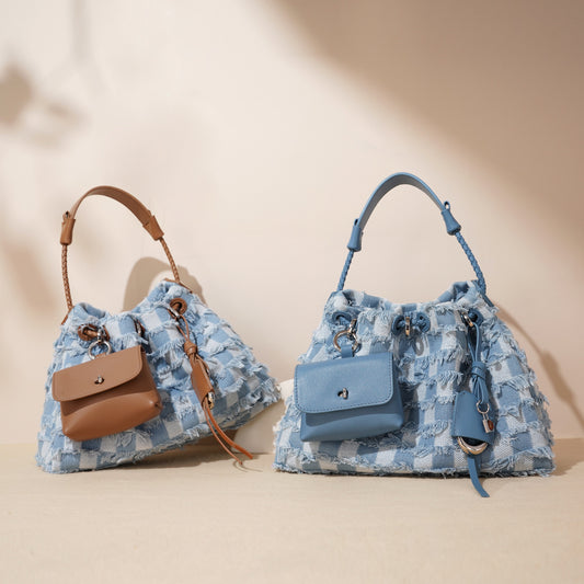 High-grade One-shoulder Niche First Layer Cowhide With Denim Underarm Bag