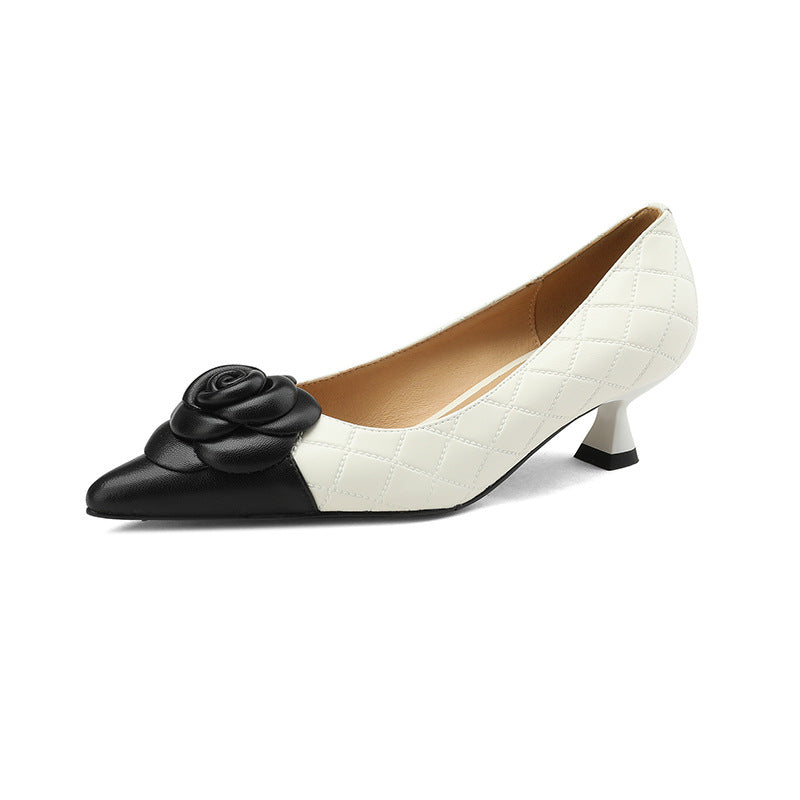 Matching Color Inside And Out All Leather Exquisite Small Fragrance Wind Heel Shoes