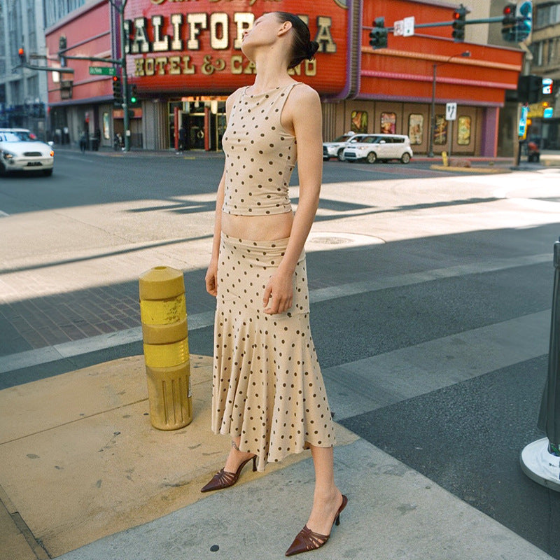 European And American Polka Dot Round Neck Vest Sheath Pleated Dress Suit Women