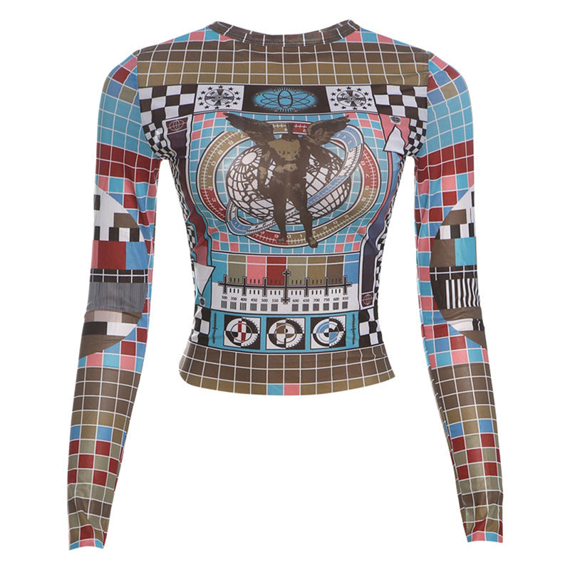 Haut moulant à manches longues et col rond, dévoilant le ventre, pour femme