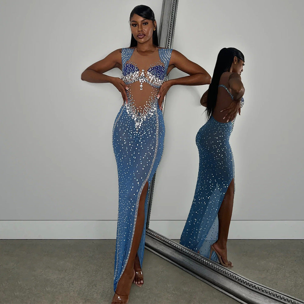 Mesh Rhinestone Slim Long Dress