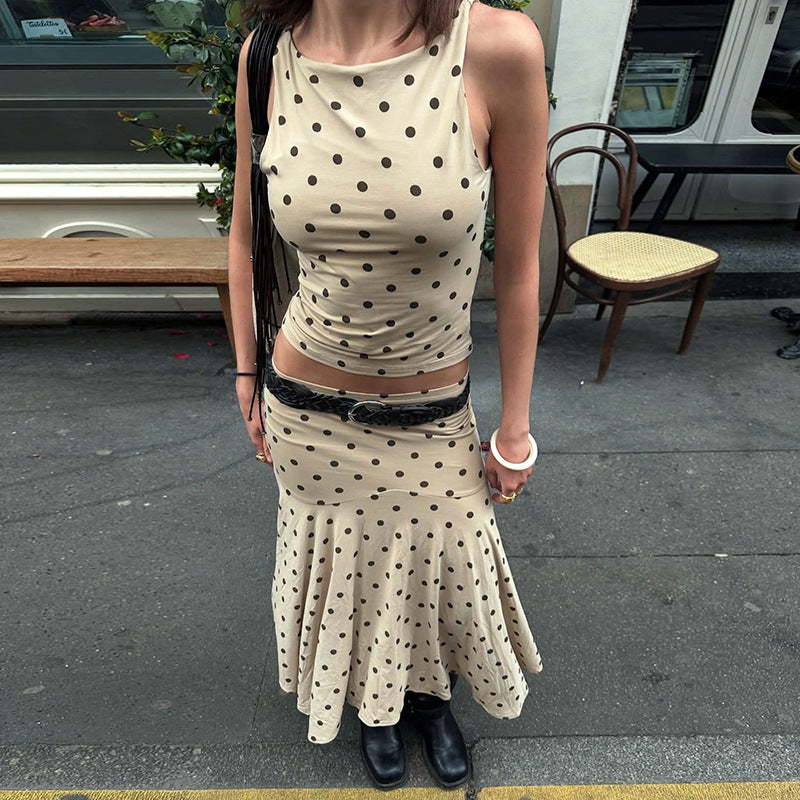 European And American Polka Dot Round Neck Vest Sheath Pleated Dress Suit Women