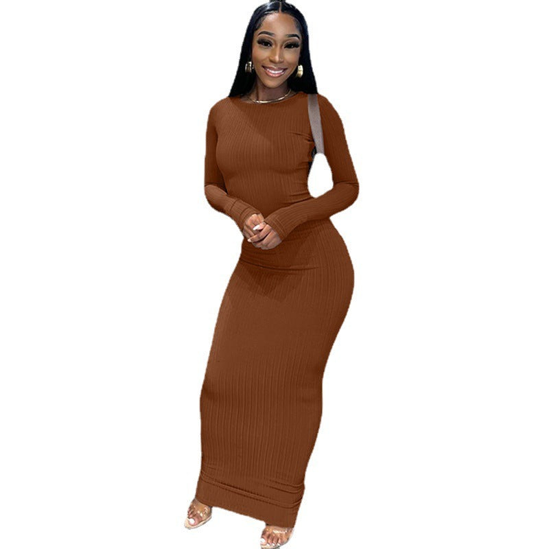 Style Fashion Solid Color Slim Fit Round Neck Long Sleeves Dress