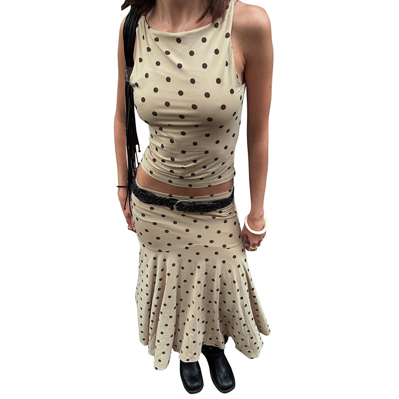 European And American Polka Dot Round Neck Vest Sheath Pleated Dress Suit Women