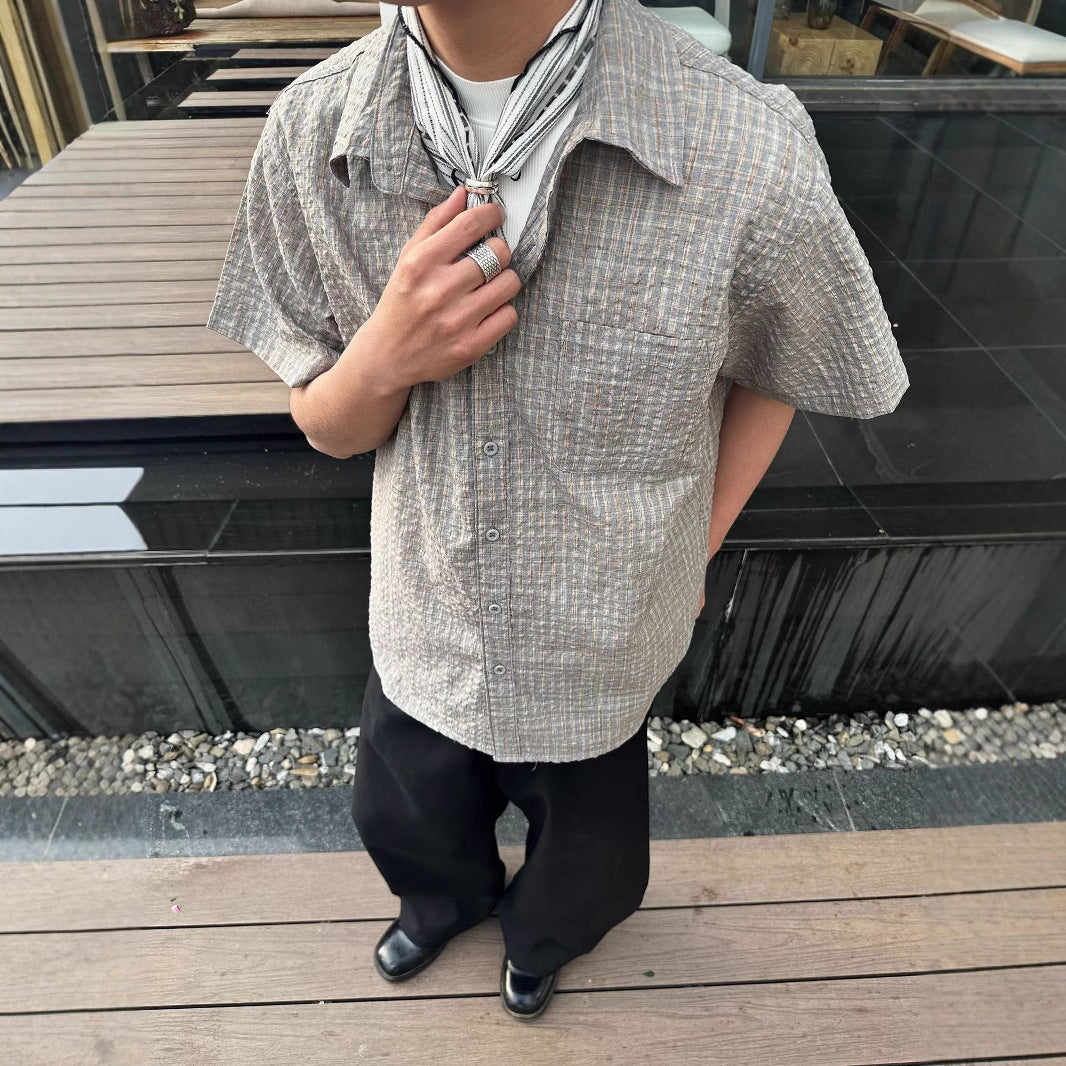 Plaid Seersucker Cross Yuke Loose Profile Short Sleeve Shirt Men's Summer