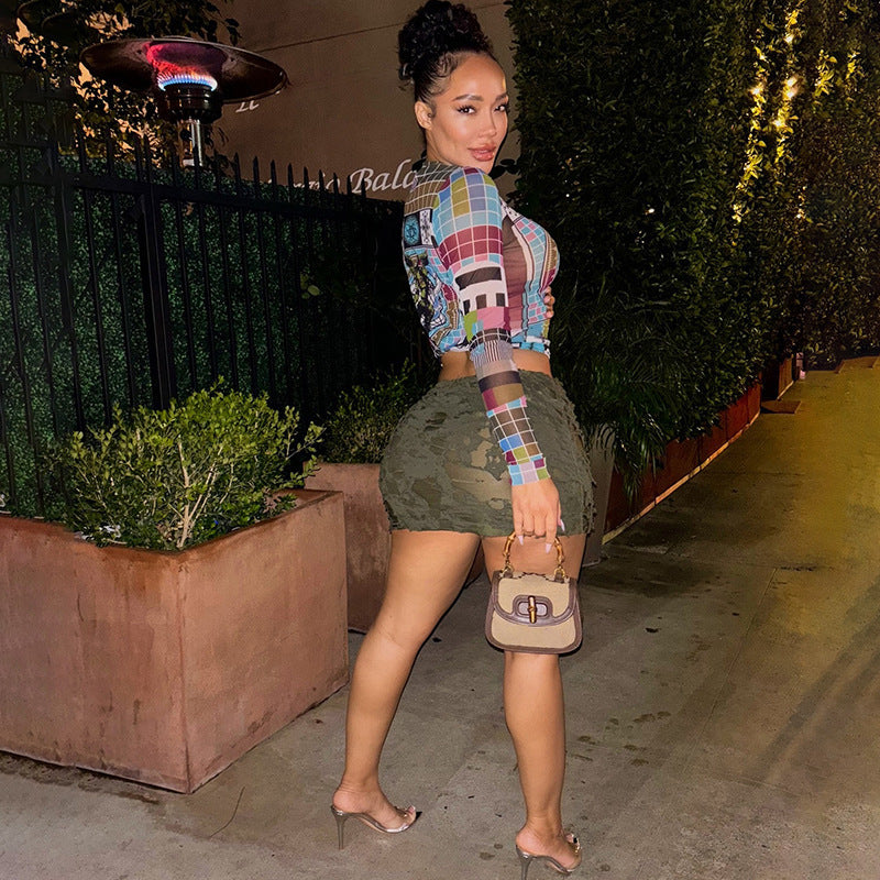 Haut moulant à manches longues et col rond, dévoilant le ventre, pour femme