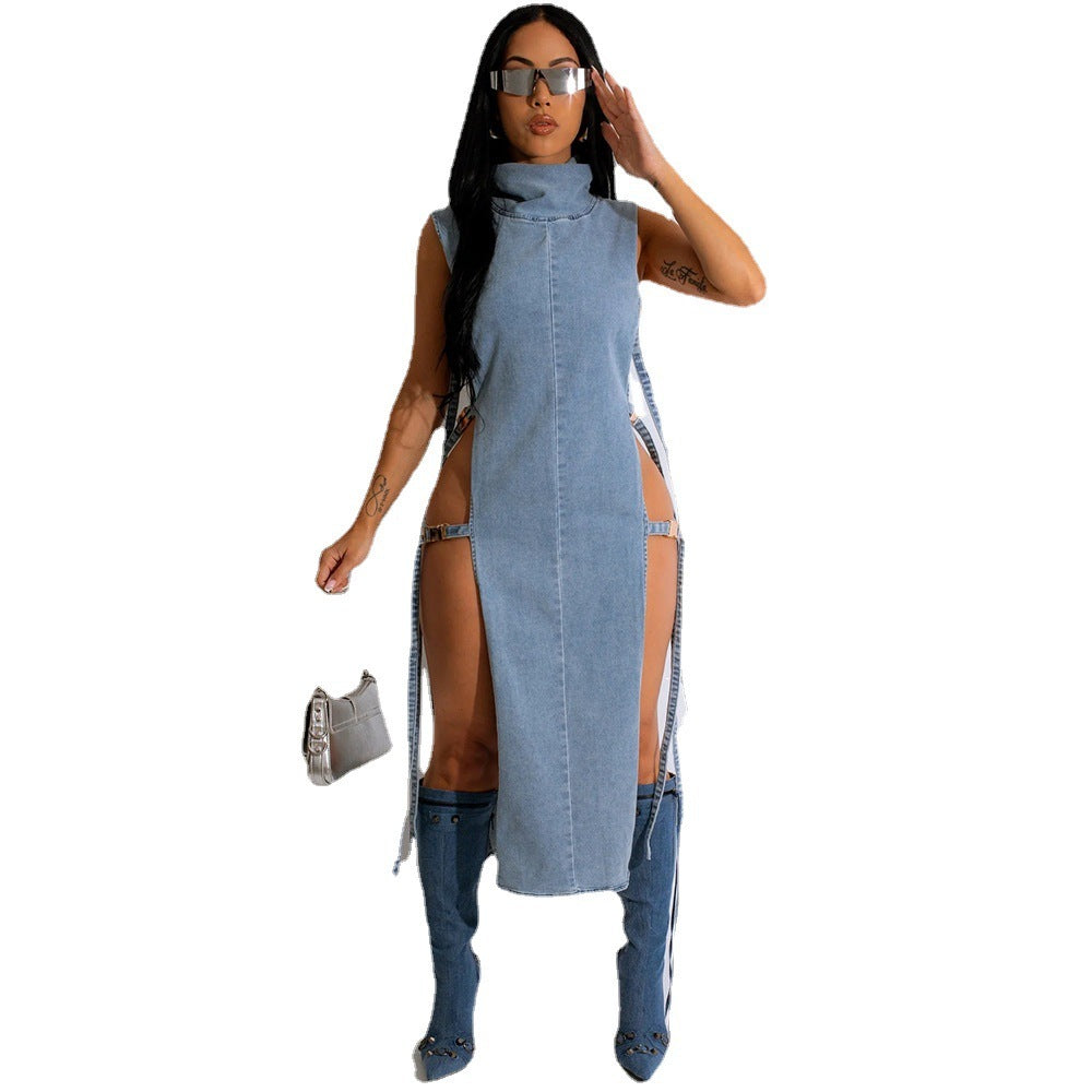 Denim Washed High Collar Dress Women