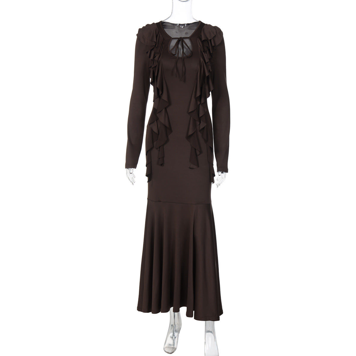 Ruffles Lace-up Long Sleeve Waist Dress