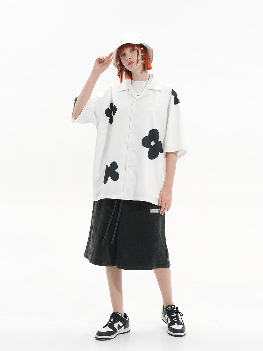 Hand Drawn Silhouette Floral Vintage Cuban Collar Short Sleeve