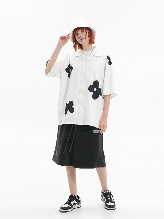 Hand Drawn Silhouette Floral Vintage Cuban Collar Short Sleeve