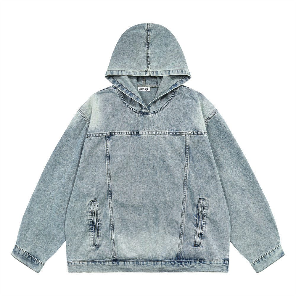 Washed Distressed Stitching Hooded Pullover Denim Hoodie