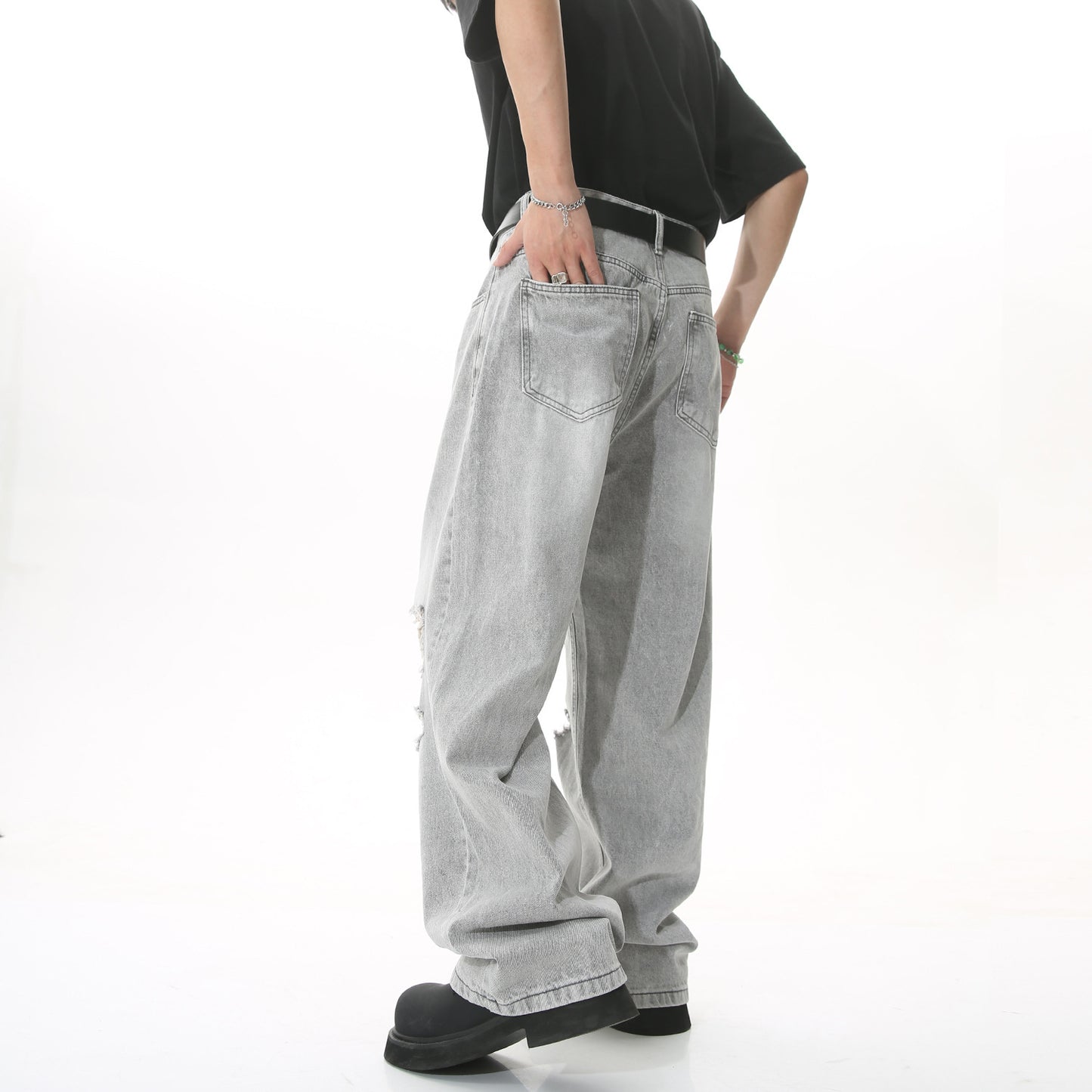 Men's Ripped Washed Light Gray Knee Ripped Wide-legged Straight-leg Denim Trousers