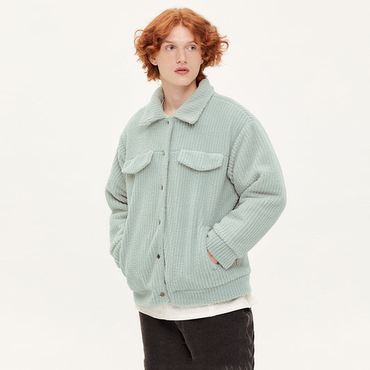 Vertical Striped Lamb Wool Cotton Coat With Solid Color Couple's Top