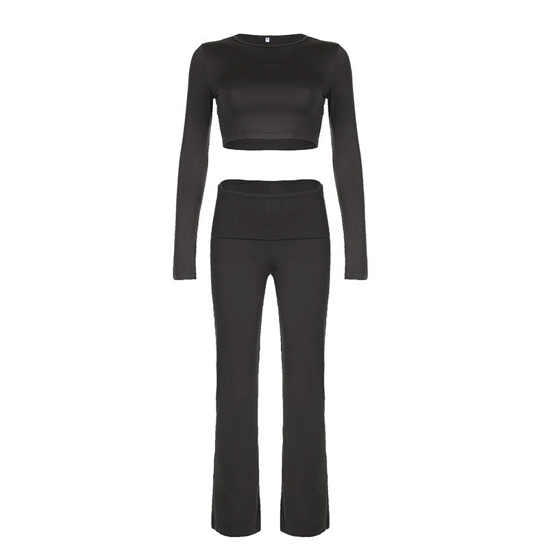 Fashion Solid Color Simple Sports Long-sleeved Top High Waist Slim-fit Straight Trousers Two-piece Set