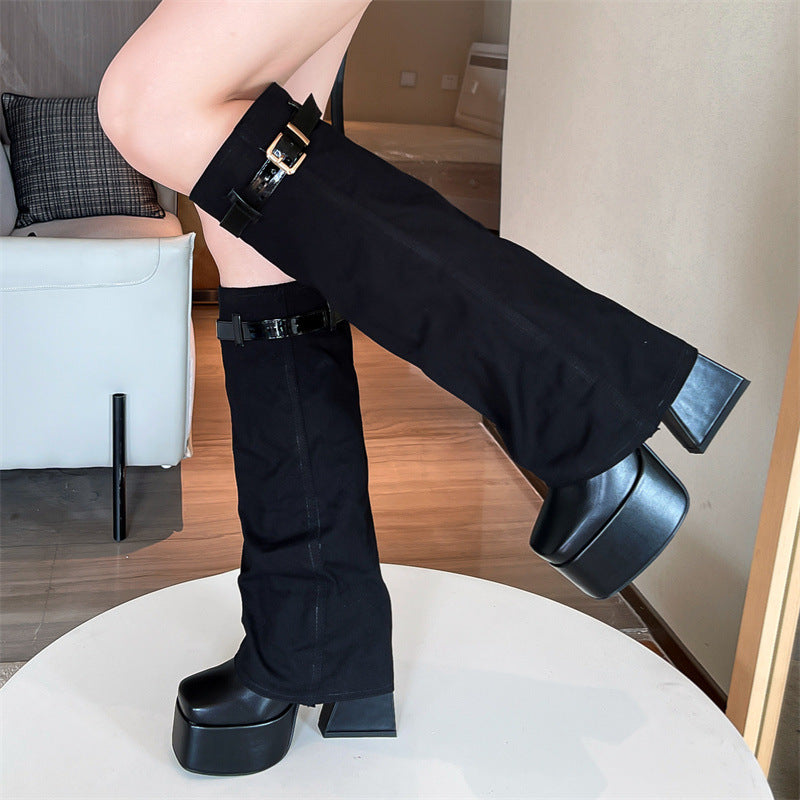 Thick-soled High-heeled Denim Fashion High Boots
