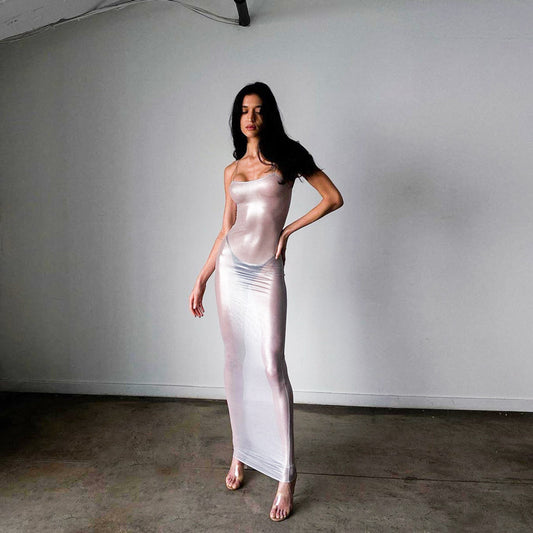 Spaghetti Straps Sleeveless See-through Long High Waist Dress