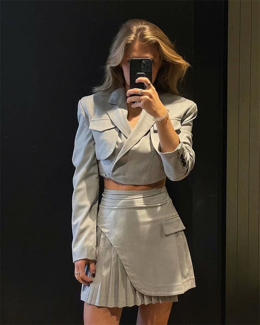 Retro Fried Street Fashion Suit Short Coat Waistcoat High Waist Pleated Skirt