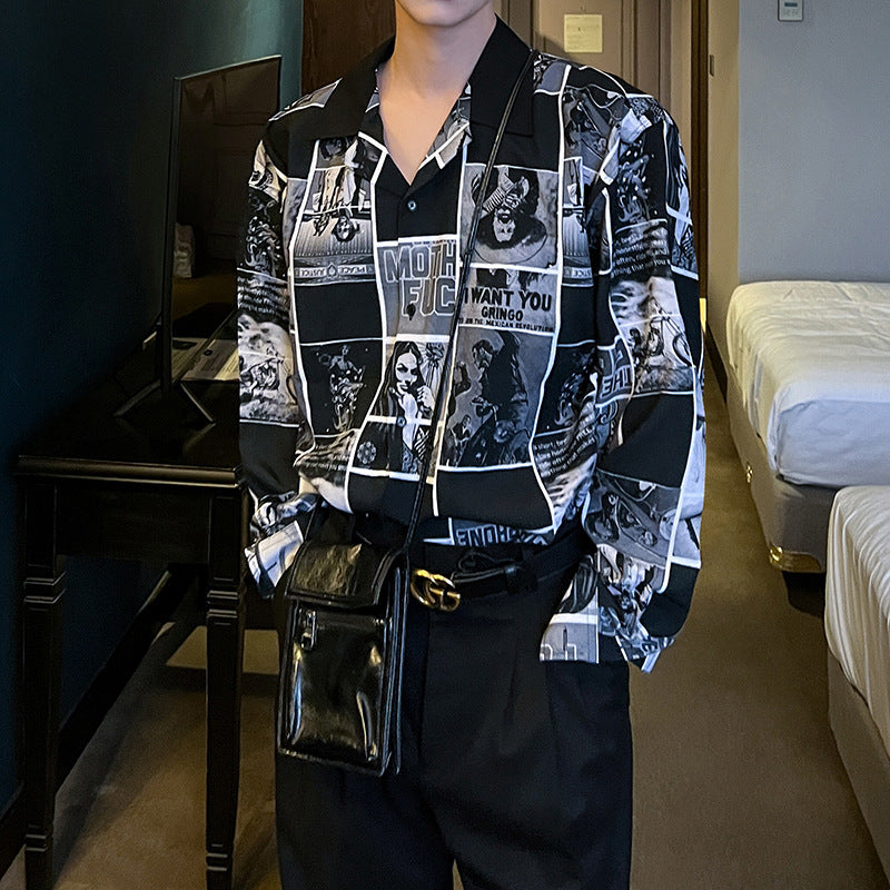 Full Print Comic Retro Flower Shirt Long Sleeve Casual