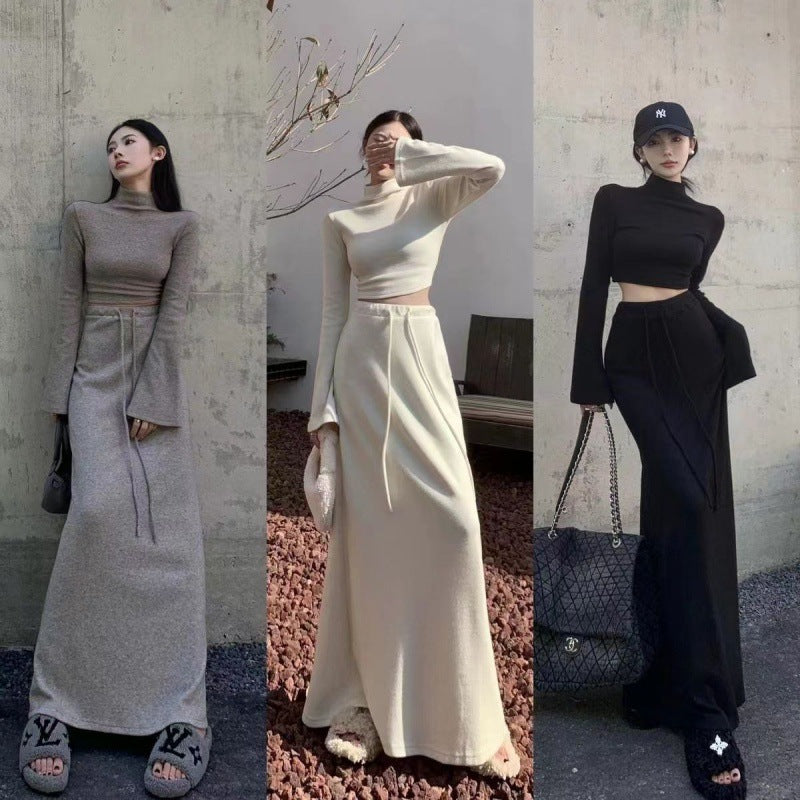 Spring And Autumn New Half Turtleneck Short Top High Waist Sheath Skirt Two-piece Set