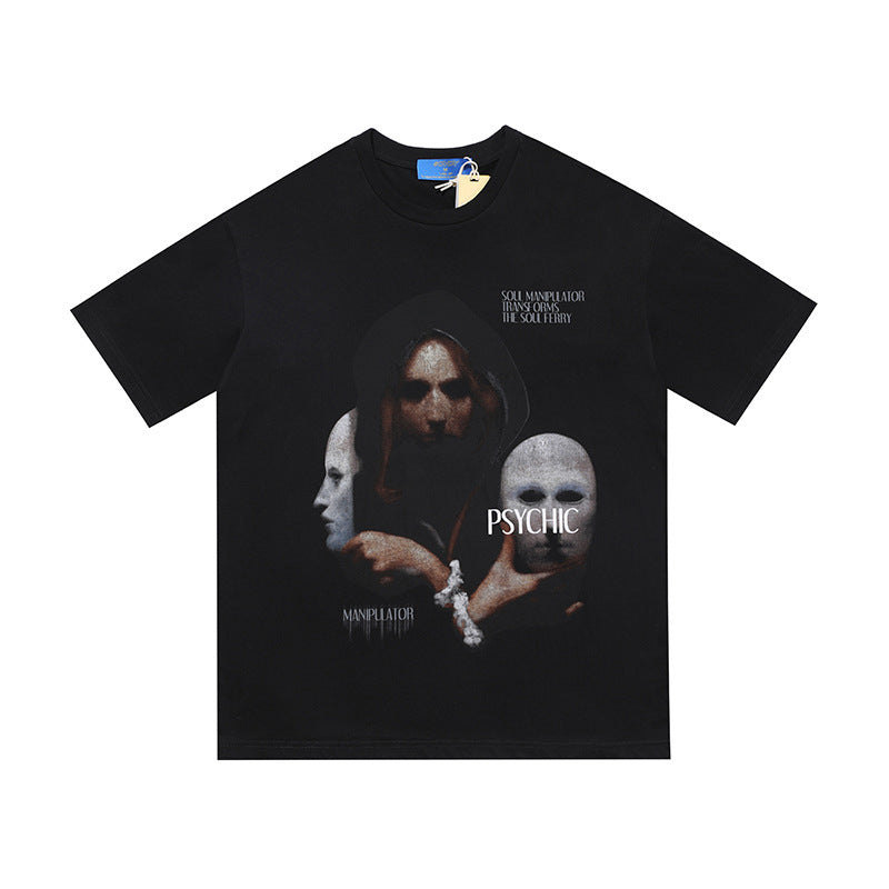 Personalized Dark Mask Print Top High Street Retro Lazy Style Short Sleeves