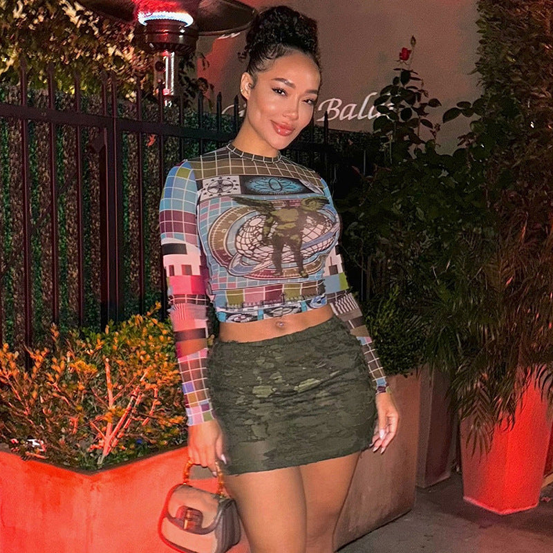 Haut moulant à manches longues et col rond, dévoilant le ventre, pour femme