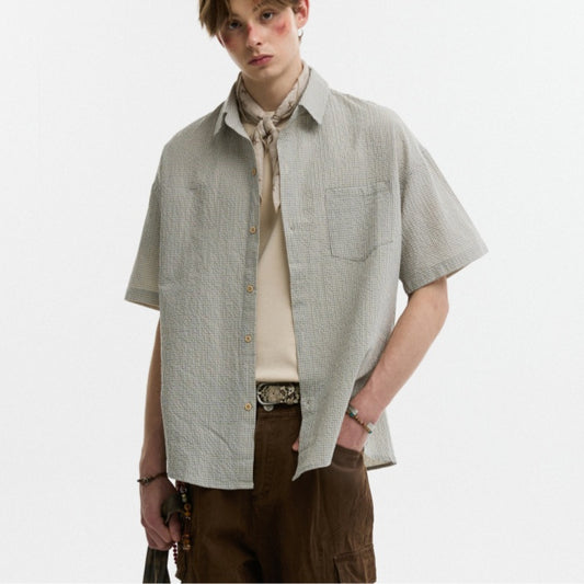Seersucker Lapel Plaid Shirt Summer Casual Loose