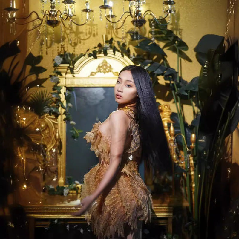 Champagne Gold Rhinestone Halter Sleeveless Wings Blade Short Footwear