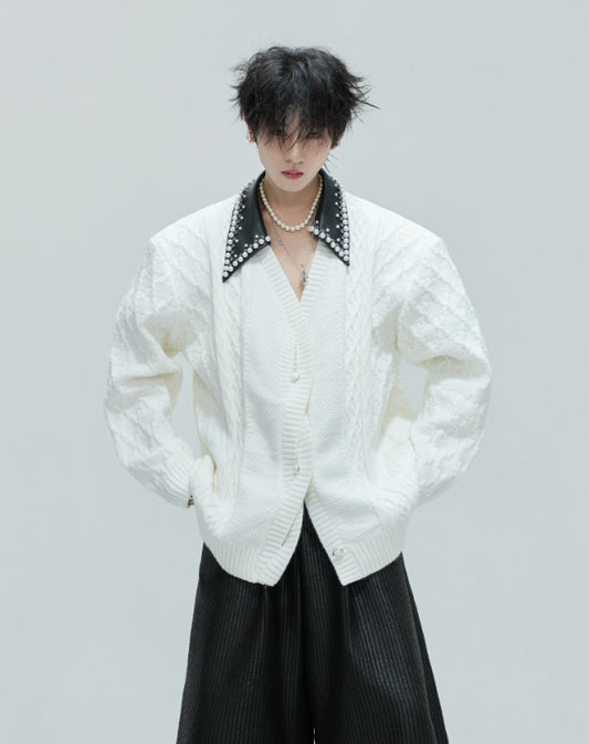 Vintage Handmade Pearl Padded Lapel Knitted Cardigan