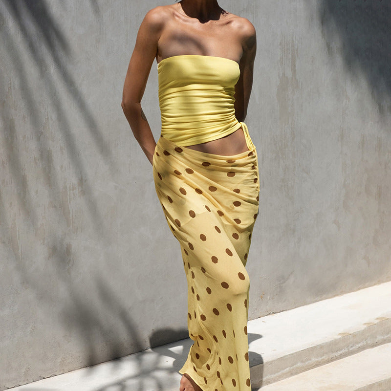 Style Tube Top Hollow-out Dot Mesh Slim-fit Jumpsuit Long Dress For Women