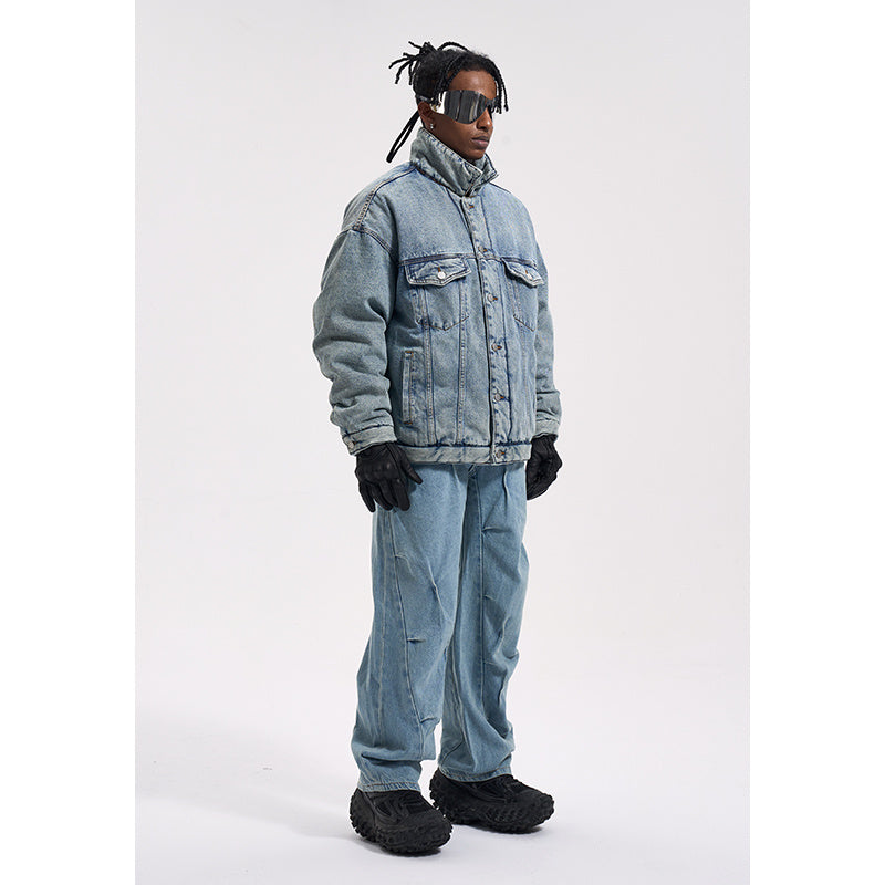 Washed And Worn Mixed Cotton Loose Thickened Denim Jacket