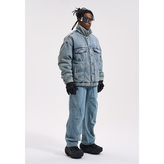 Veste en jean épaisse et ample en coton mélangé délavé et usé