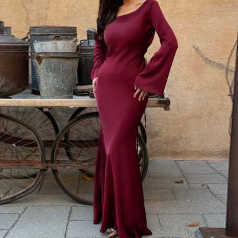 Womens Long-Sleeve Lace-Up Chinese-Style Elegant And Effortless Waist-Cinching Dress