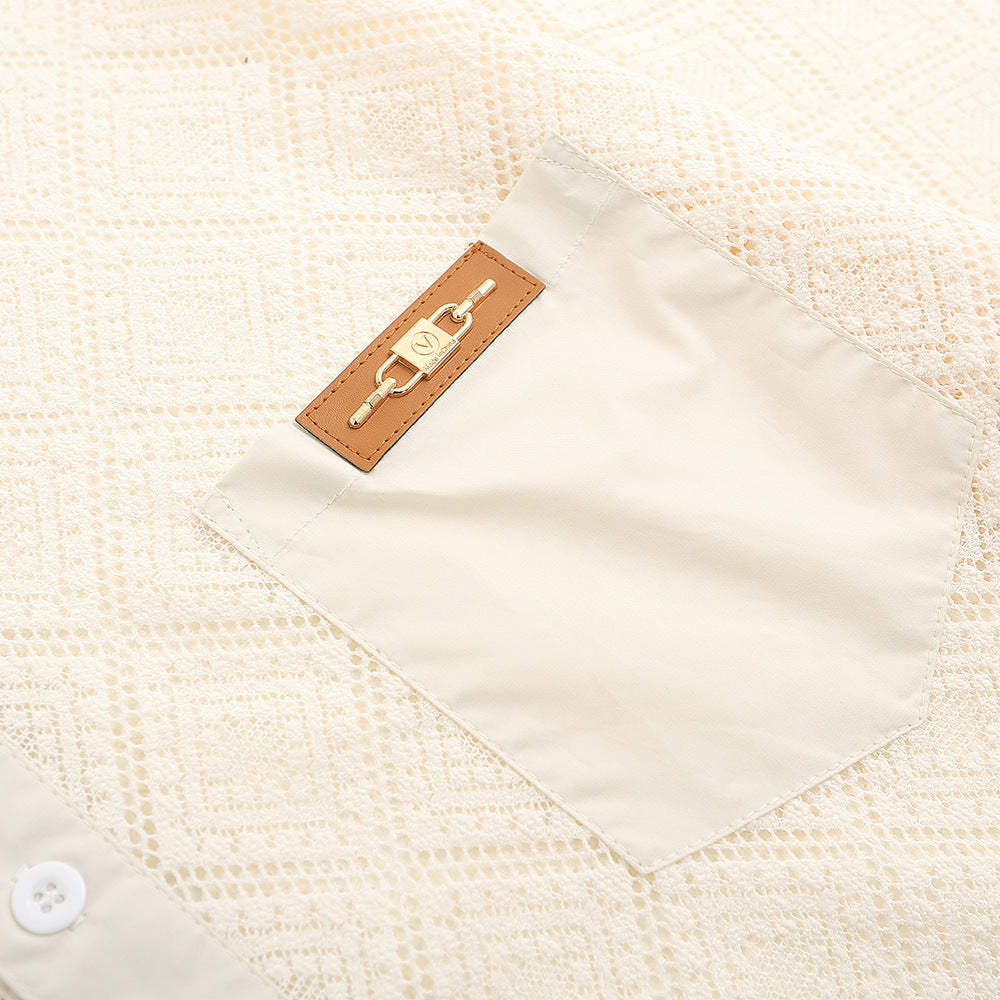 Hollow-out Crocheted Lace Short-sleeved Shirt