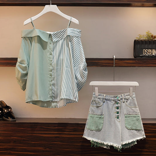 Women's Off-shoulder Short-sleeved Denim Shorts Suit