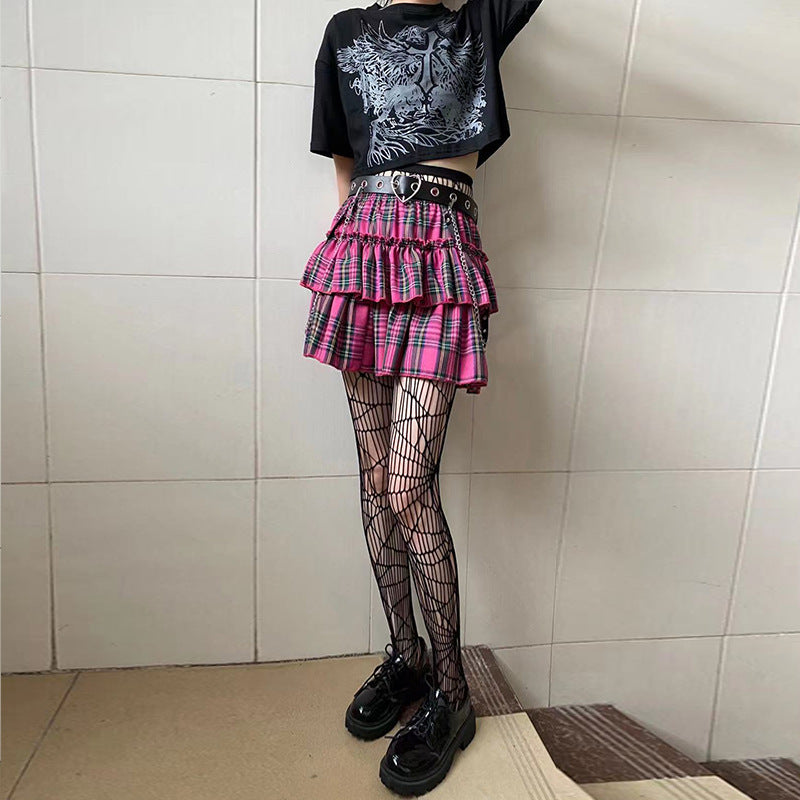 High Waist Fungus Plaid A- Line Half-length Slim-fit Pleated Miniskirt