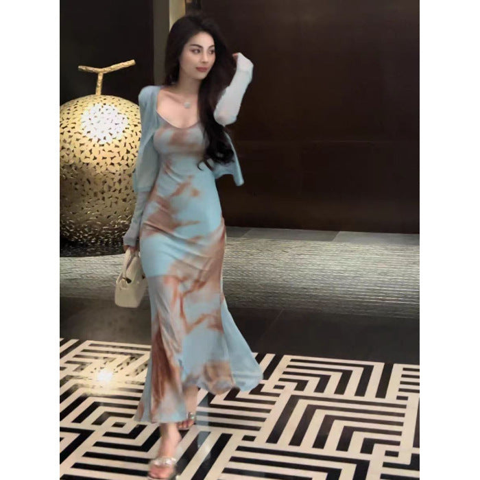 Robe fourreau rétro tie-dye pour femme, fendue et à bretelles