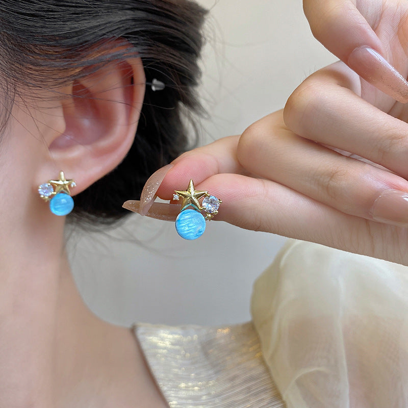 Starfish Blue Beads Zircon Stud Earrings For Women Simple And Compact