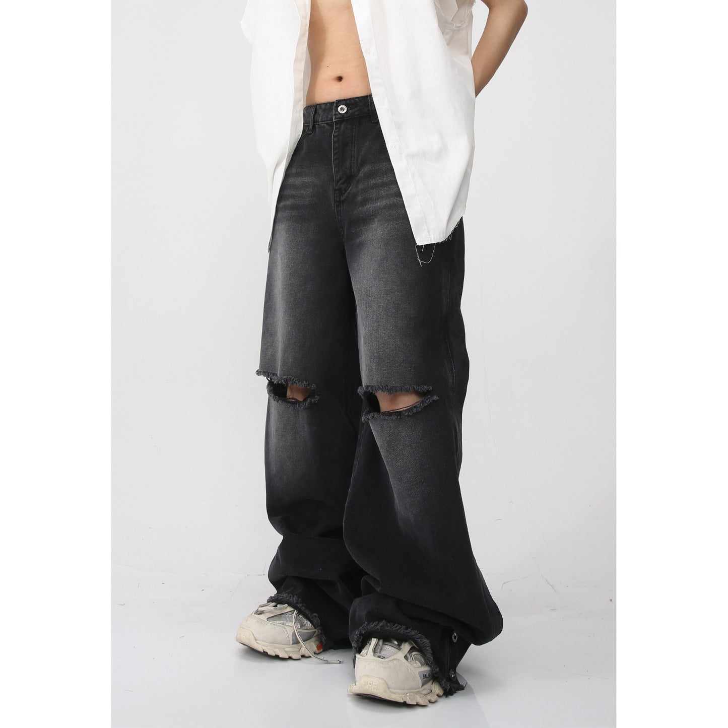 Casual Korean Style Denim Trousers Loose Mop Ripped