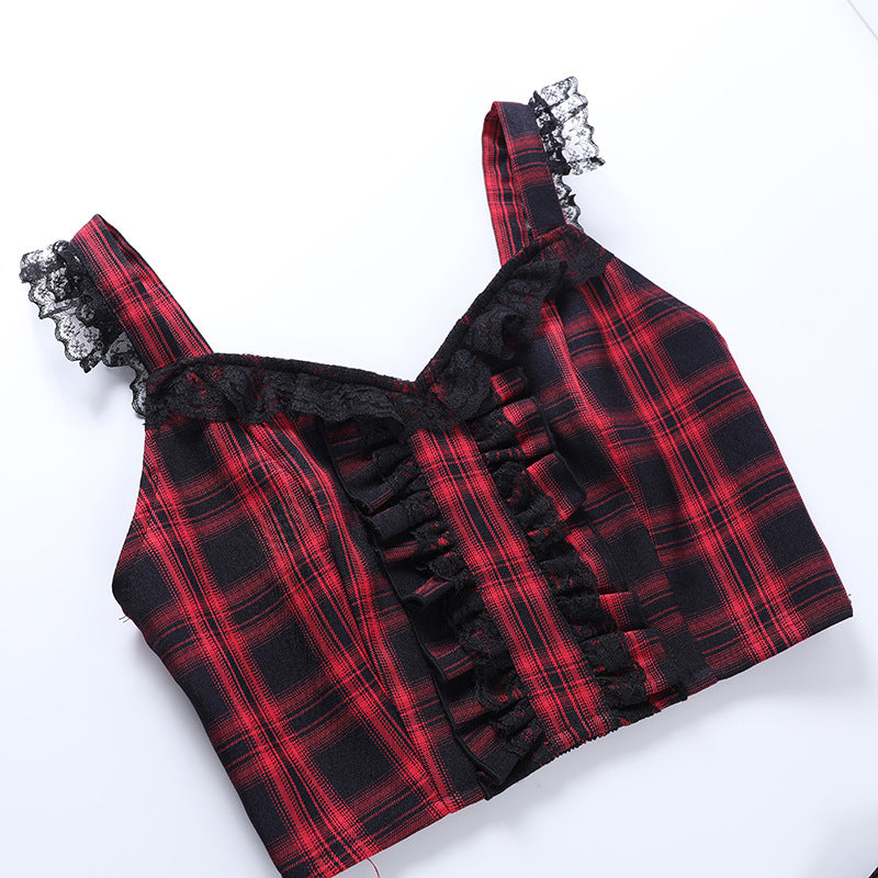 Dark Department Checkered Halter Lace Straps Pleated Skirt