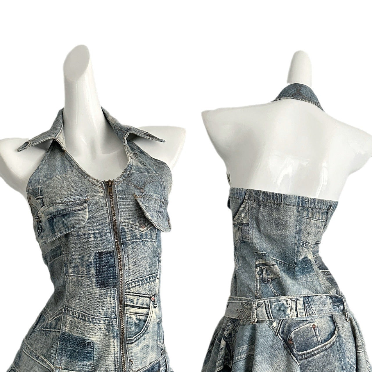 Waist-tight Halter Denim Dress Women's Distressed Retro Slimming Skirt