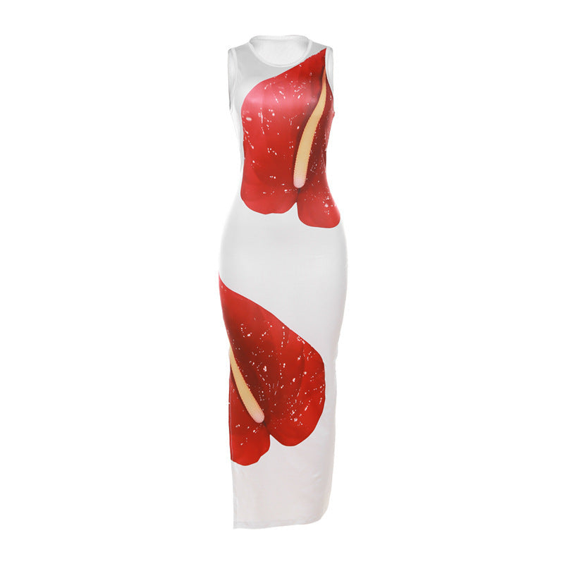 Sweet Sleeveless Digital Printing High Waist Hip Slit Long Dress