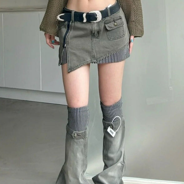 American-style Retro Plus Size Striped Stitching Denim Suit Skirt