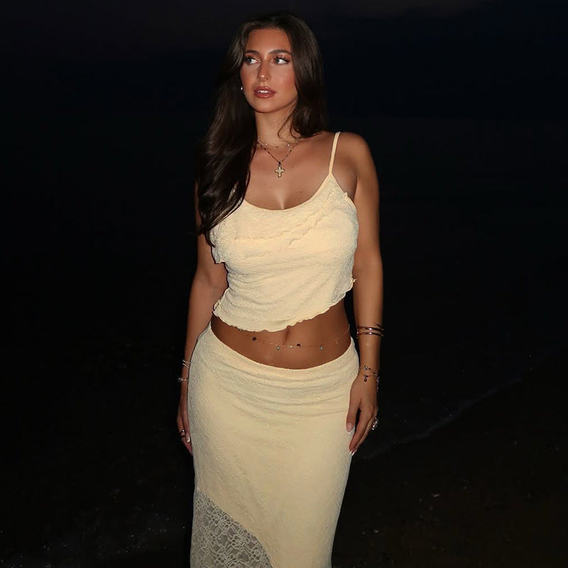 Lace See-through Wooden Ear Navel Vest High Waist Skirt Two-piece Set